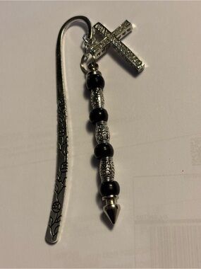Silver Cross Beaded Bookmark with Black Beads